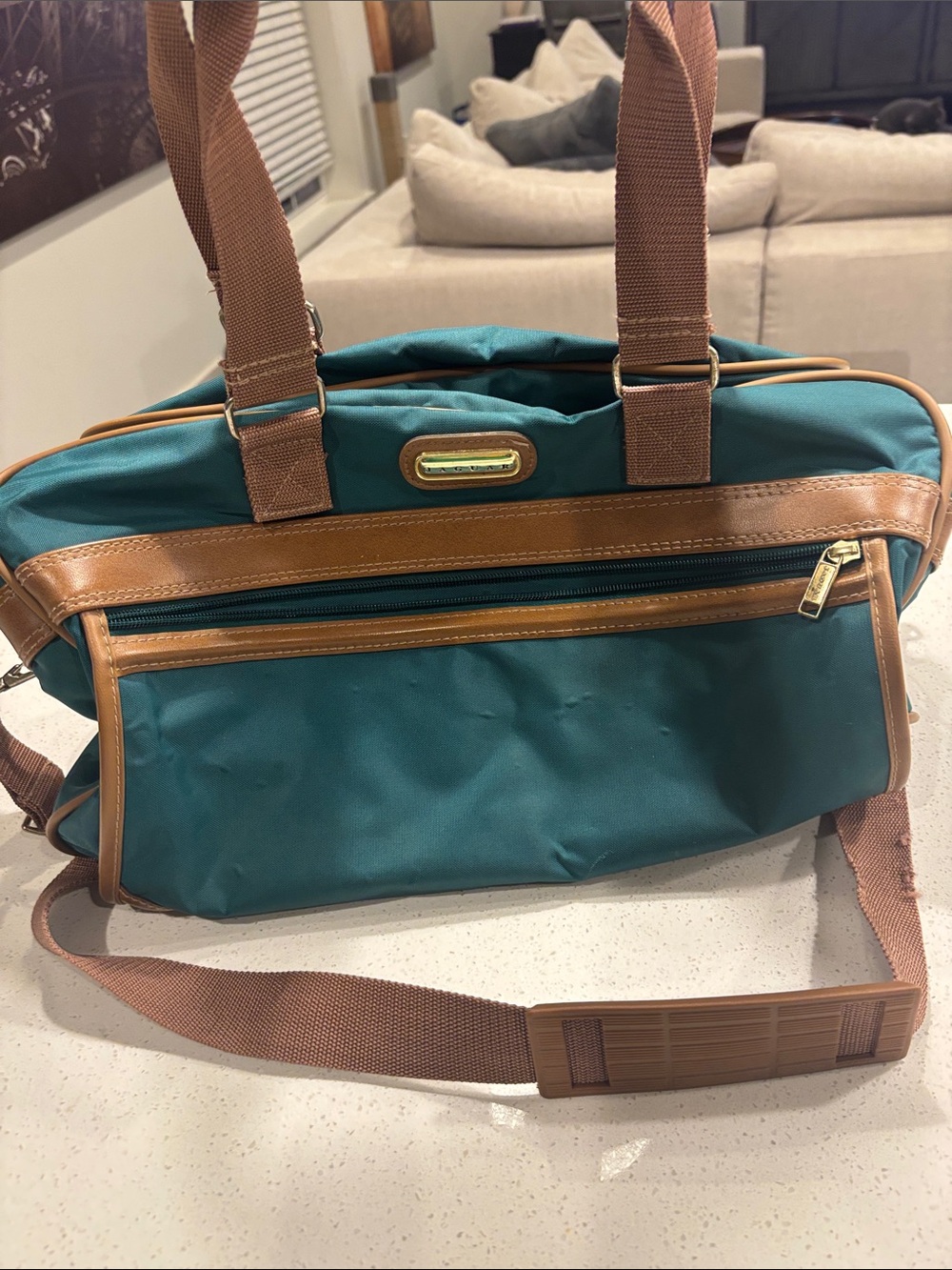 Vintage Jaguar Teal Green Nylon Duffel Bag Travel Luggage Leather Trim